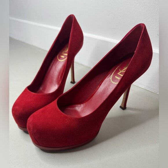 Saint Laurent Red/Coral Suede Tribtoo Platform Pumps – Size 39 - Picture 16 of 16